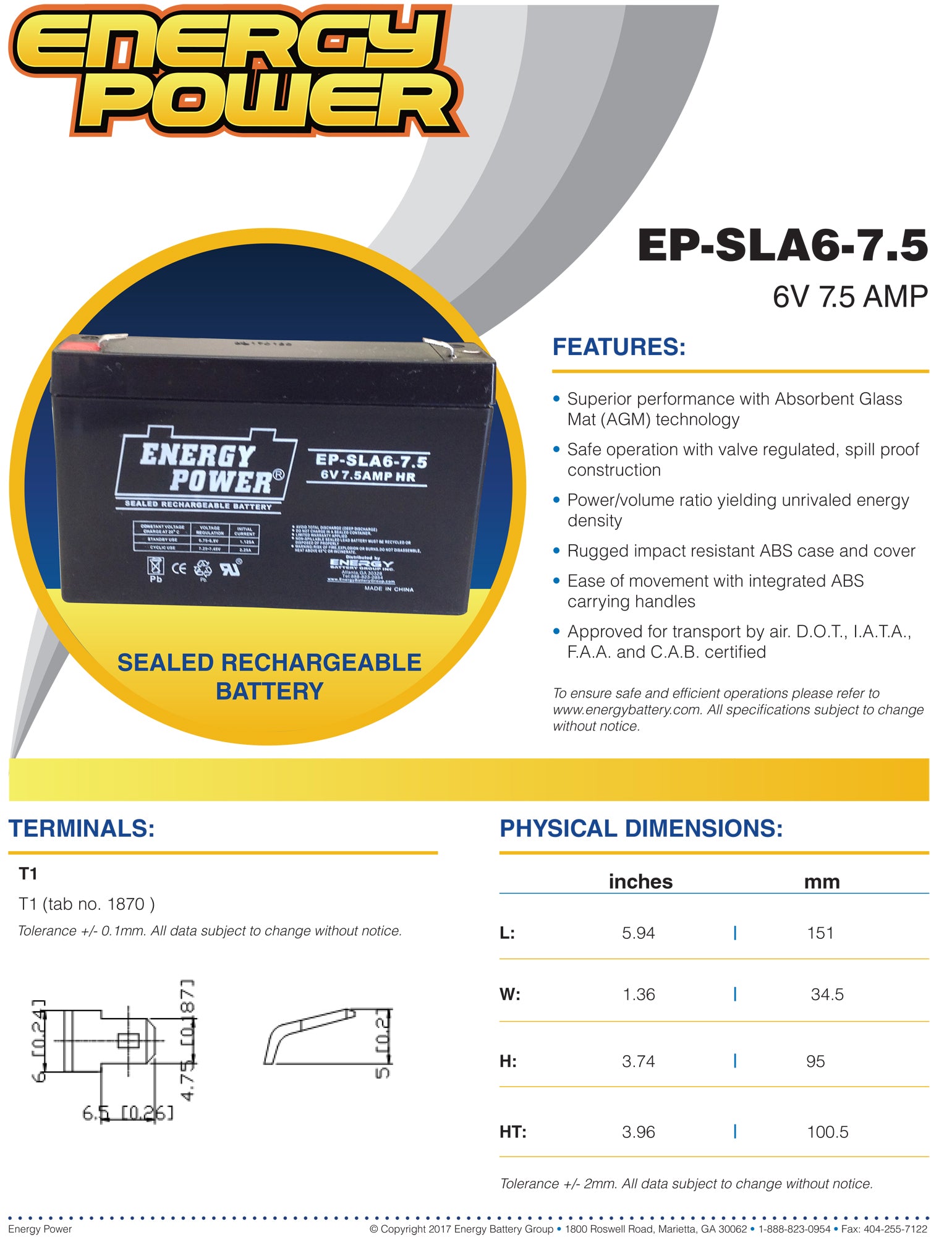 Energy Power 6V, 7.5AH SLA AGM Battery - T1