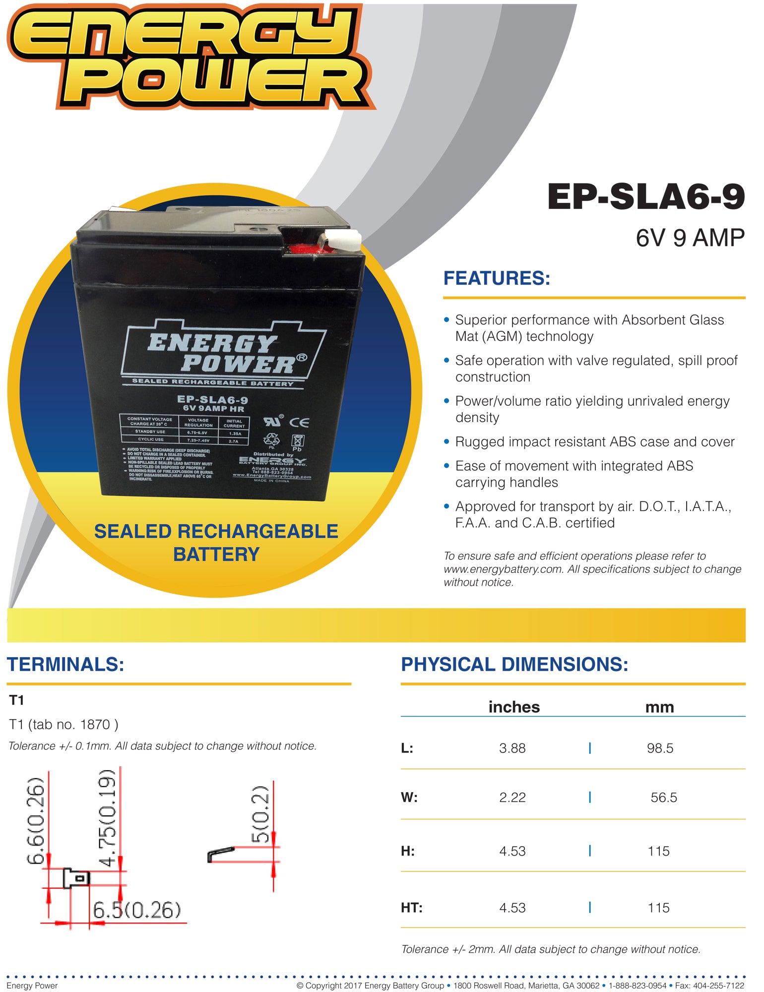 Energy Power 6V, 9AH SLA AGM Battery - T1 Push-on Terminals (.187")