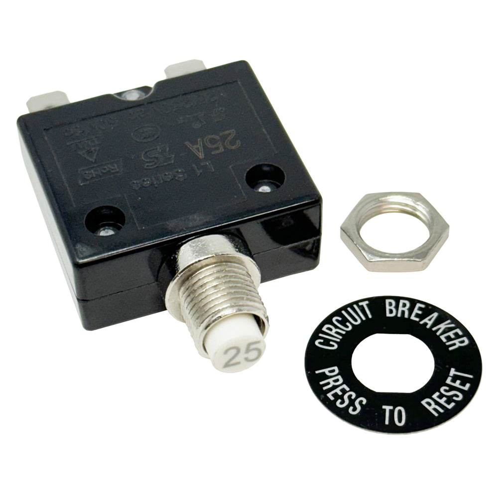 6705 Series - Push-to-Reset Circuit Breaker, 3A, 5A, 10A, 12A, 15A, 20A, 25A, 30A Ratings, .250 Push-On Terminals, 7/16 Mount Hole
