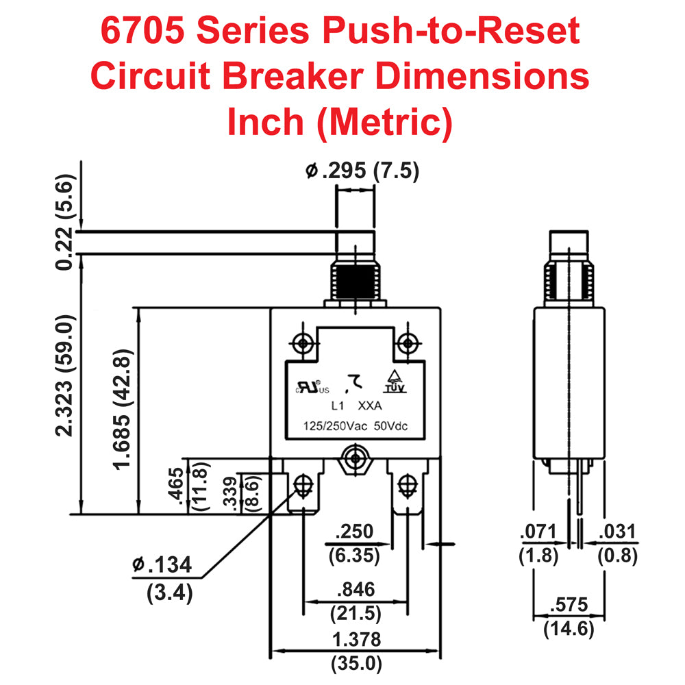 6705 Series - Push-to-Reset Circuit Breaker, 3A, 5A, 10A, 12A, 15A, 20A, 25A, 30A Ratings, .250 Push-On Terminals, 7/16 Mount Hole