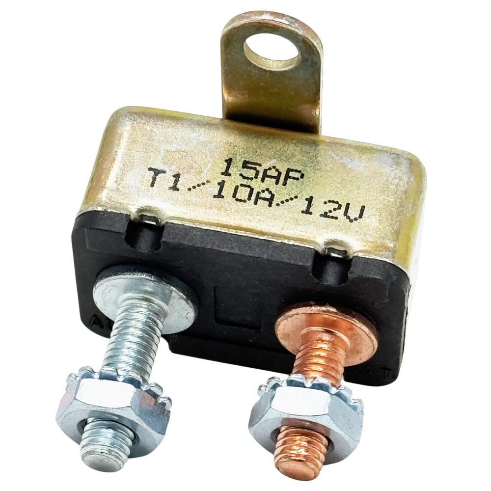 DC Circuit Breaker, 12V Auto-Reset, 10A, 15A, 20A, 30A, 35A, 40A, 50A Ratings, #10-32 Studs with Cross Mounting Bracket