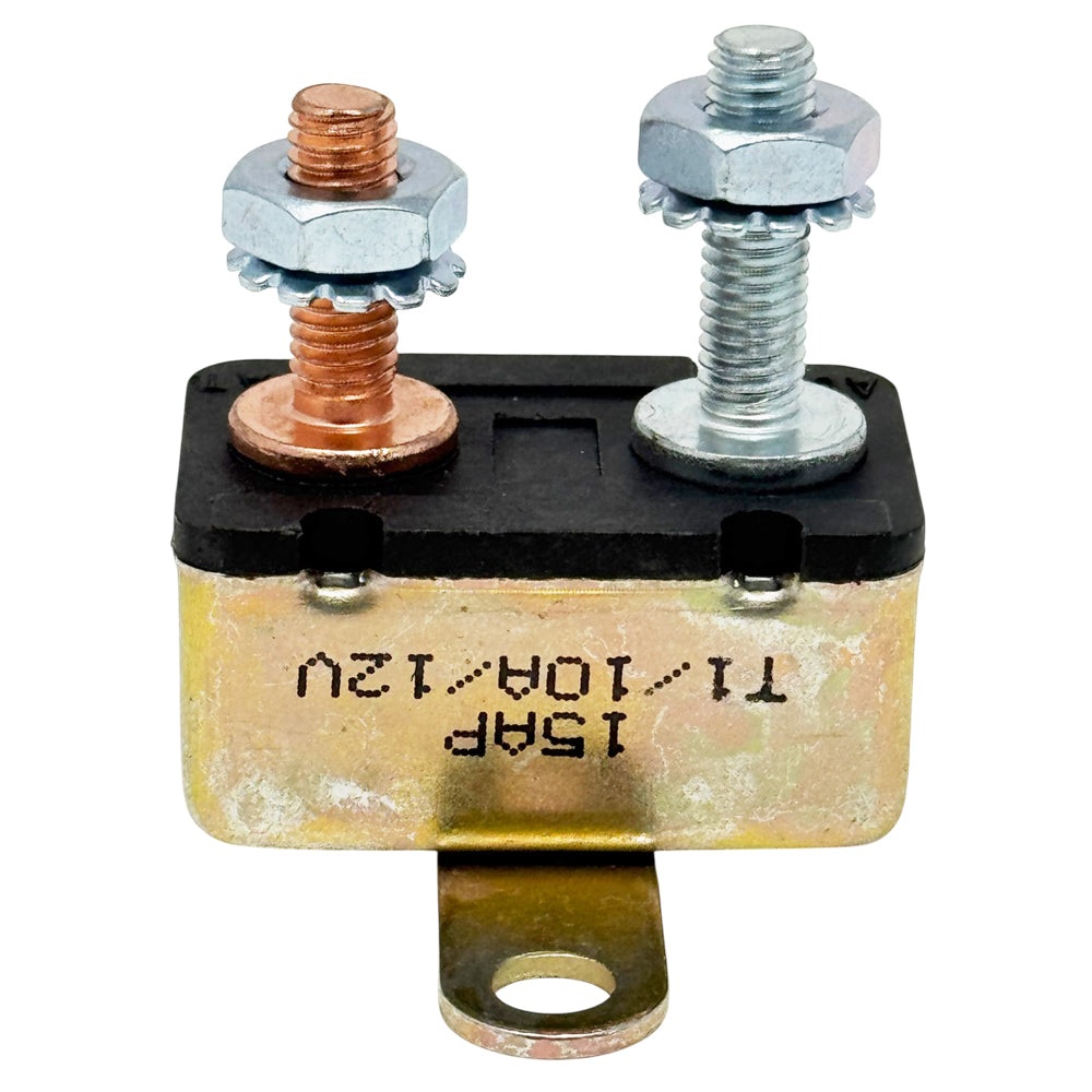 DC Circuit Breaker, 12V Auto-Reset, 10A, 15A, 20A, 30A, 35A, 40A, 50A Ratings, #10-32 Studs with Cross Mounting Bracket