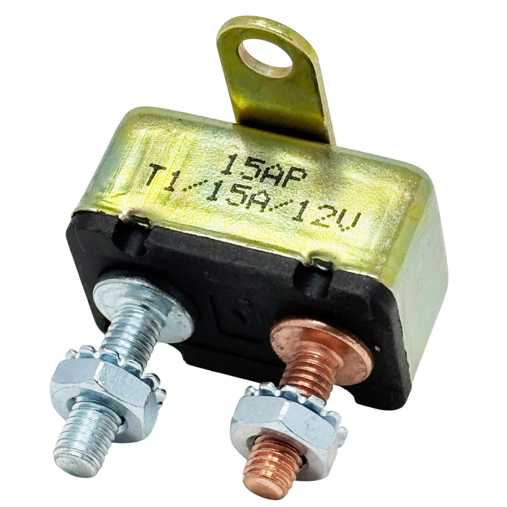 DC Circuit Breaker, 12V Auto-Reset, 10A, 15A, 20A, 30A, 35A, 40A, 50A Ratings, #10-32 Studs with Cross Mounting Bracket