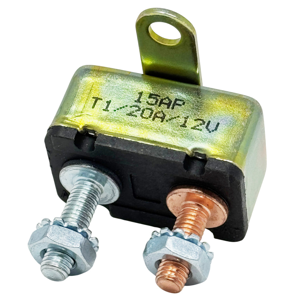 DC Circuit Breaker, 12V Auto-Reset, 10A, 15A, 20A, 30A, 35A, 40A, 50A Ratings, #10-32 Studs with Cross Mounting Bracket