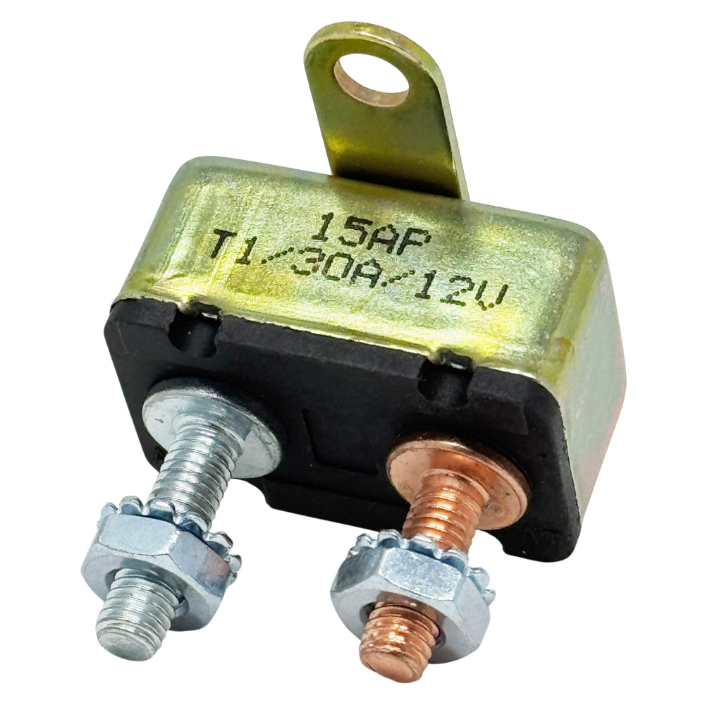 DC Circuit Breaker, 12V Auto-Reset, 10A, 15A, 20A, 30A, 35A, 40A, 50A Ratings, #10-32 Studs with Cross Mounting Bracket