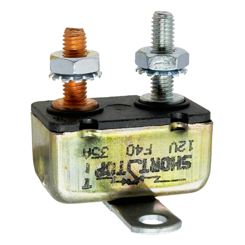 DC Circuit Breaker, 12V Auto-Reset, 10A, 15A, 20A, 30A, 35A, 40A, 50A Ratings, #10-32 Studs with Cross Mounting Bracket
