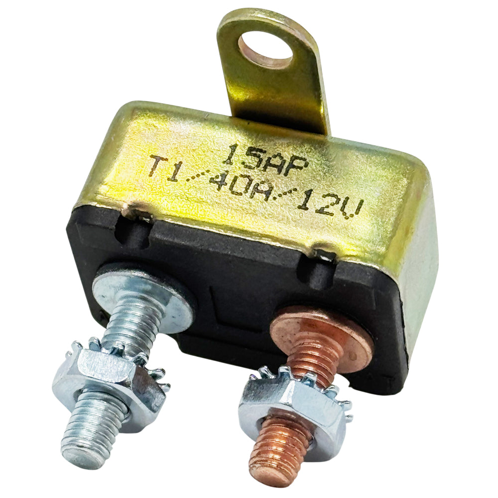 DC Circuit Breaker, 12V Auto-Reset, 10A, 15A, 20A, 30A, 35A, 40A, 50A Ratings, #10-32 Studs with Cross Mounting Bracket