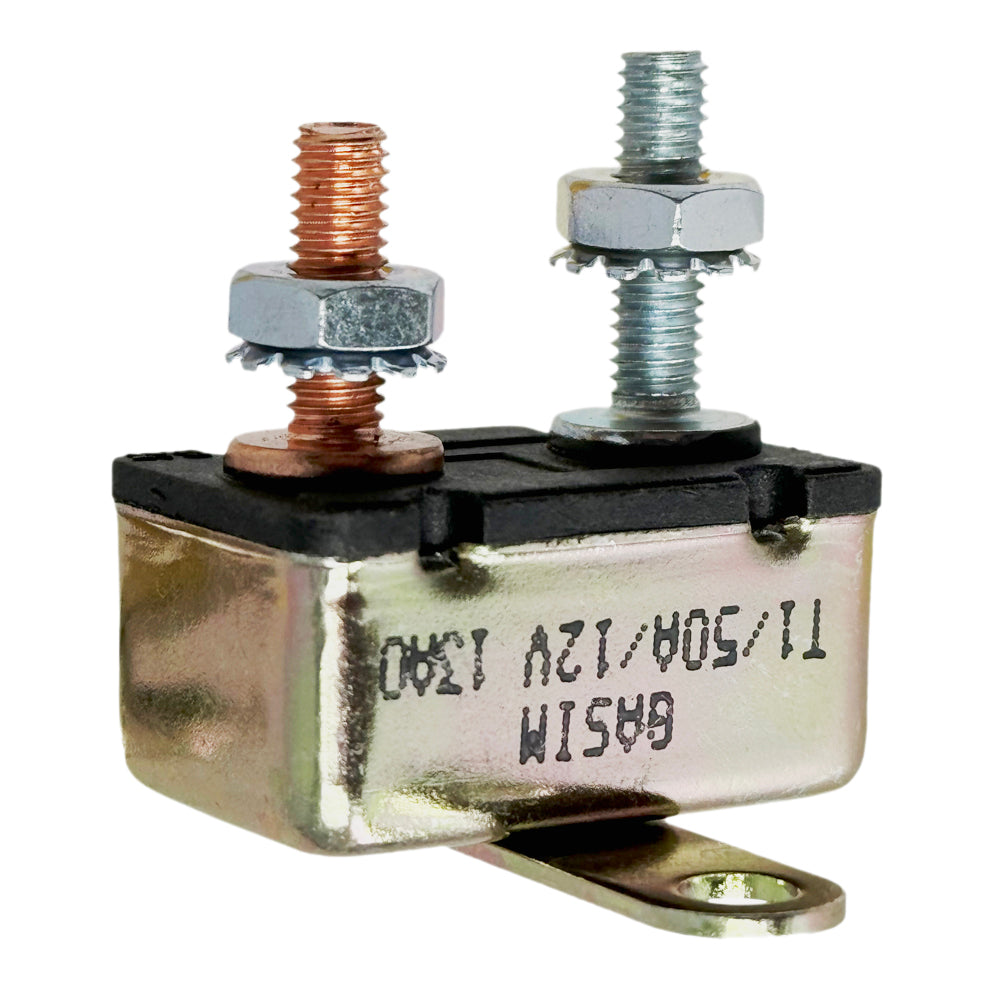 DC Circuit Breaker, 12V Auto-Reset, 10A, 15A, 20A, 30A, 35A, 40A, 50A Ratings, #10-32 Studs with Cross Mounting Bracket