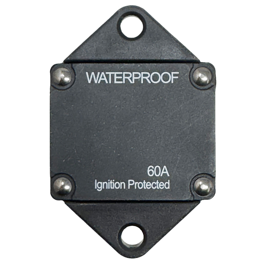 676306 - 60 Amp Waterproof Panel Mount Circuit Breaker, 32V DC Auto-Reset, 1/4-28 Studs