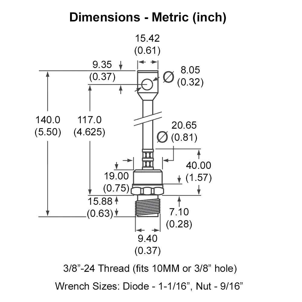 696029 - Stud Mount Diode, 150A, 3/8" Stud, 600 PRV Negative (Anode Stud) w/Pigtail