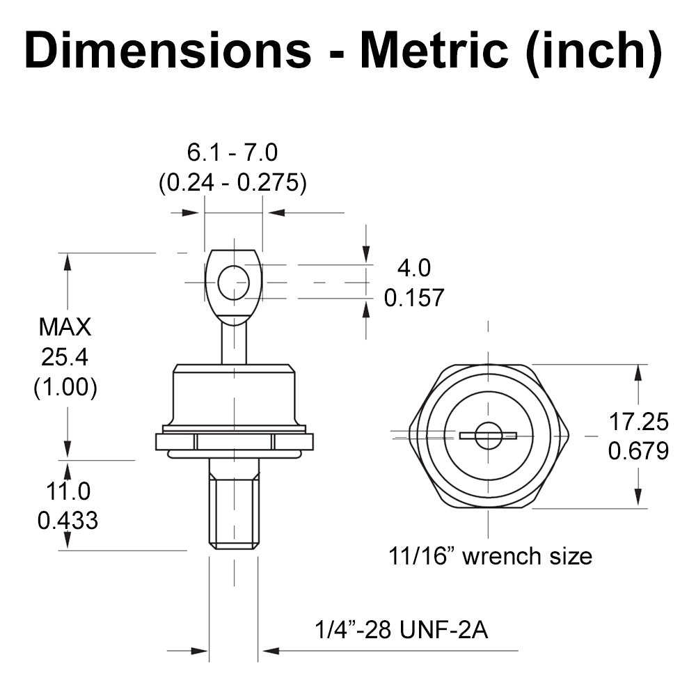 696032 - Stud Mount Diode, 1/4" Stud 70 Amp, 400 PRV Negative Base (Anode to Case)