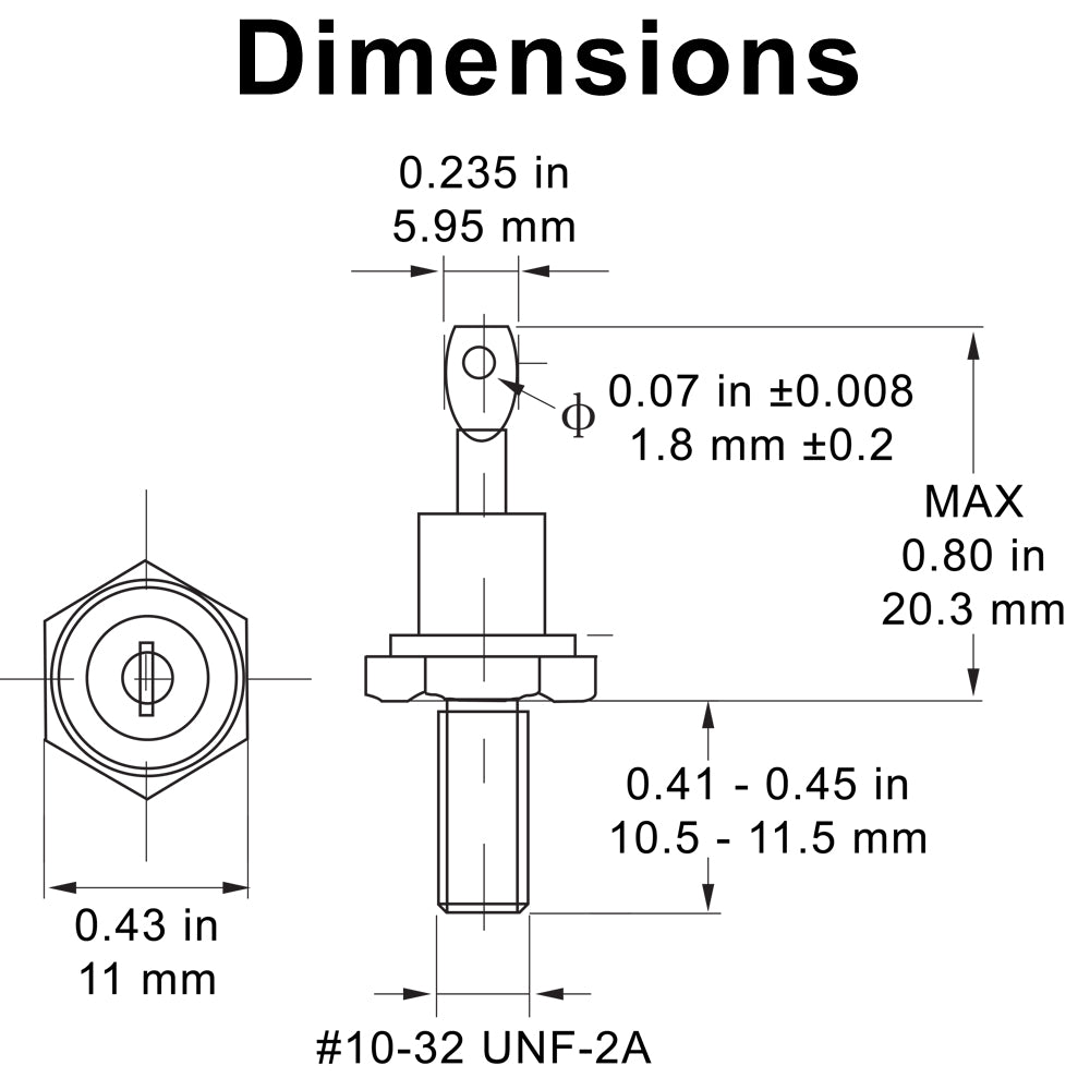 696044 - Stud Mount Diode, 25 Amp, #10 Stud, 400 PRV Positive (Cathode Stud)