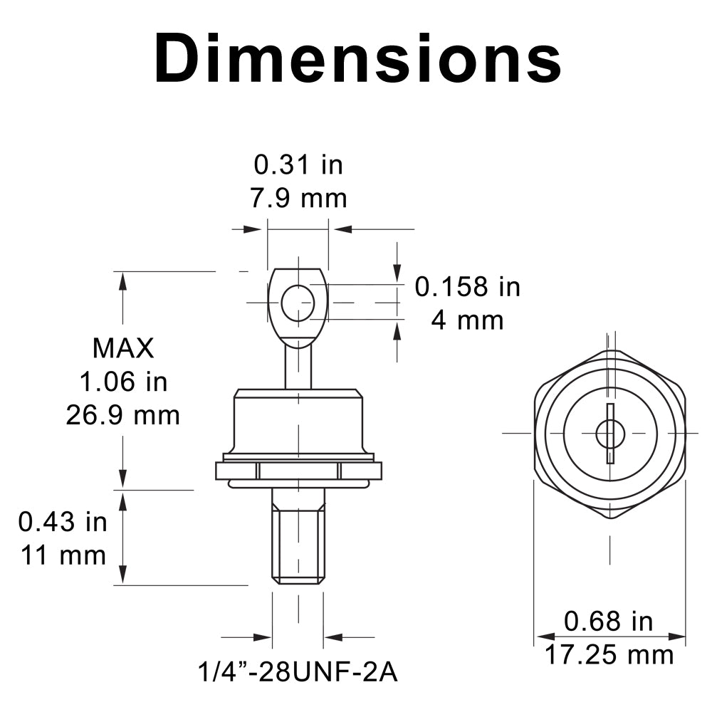 696046 - Stud Mount Diode, 85 Amp, 1/4" Stud, 400 PRV Positive (Cathode Stud)