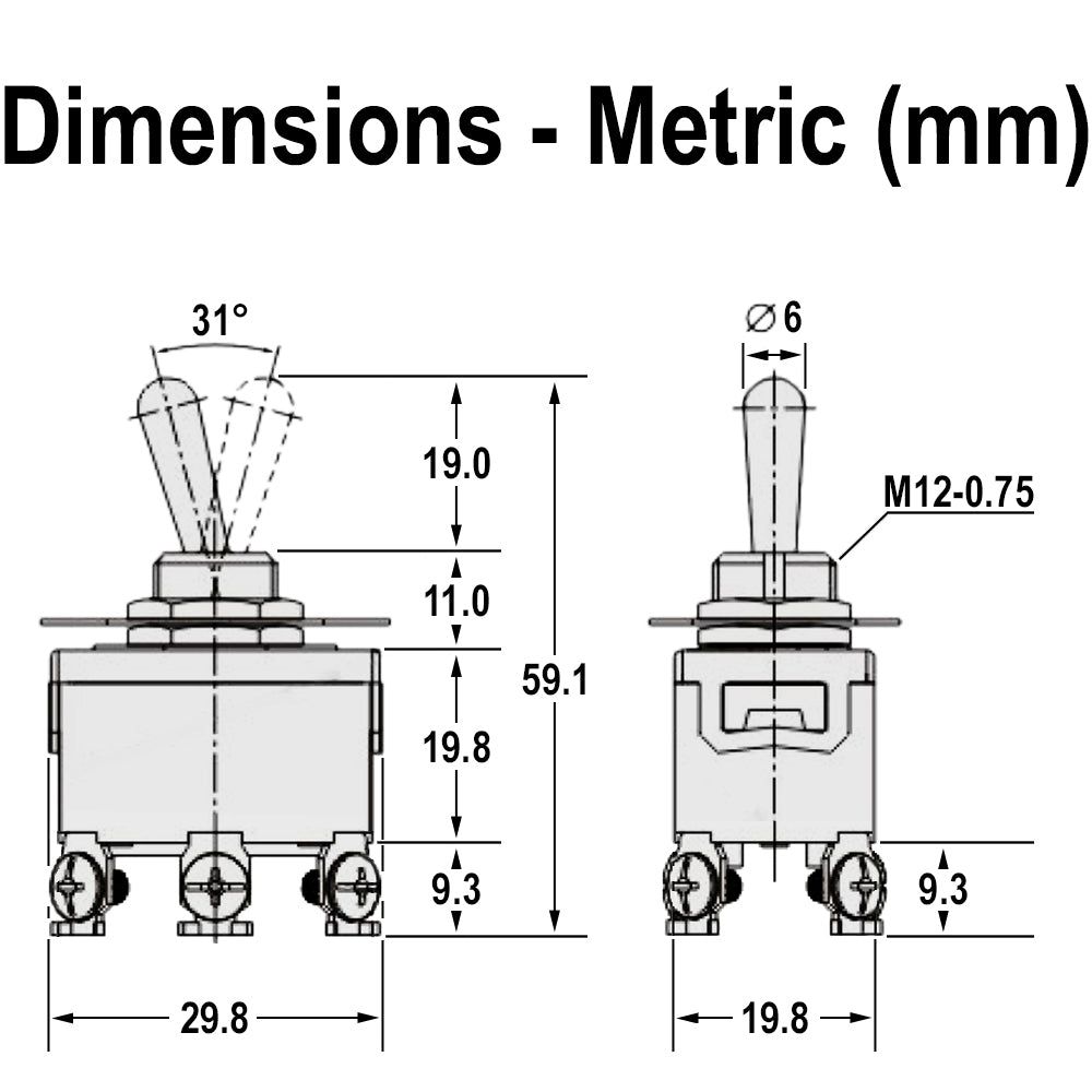 696305 - Heavy Duty ON-OFF-ON Toggle Switch, DPDT, 6 Screw Terminal, 30A/12VDC, 20A/125VAC, 15A/250VAC