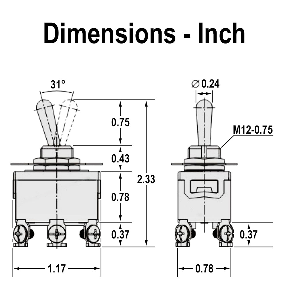 696305 - Heavy Duty ON-OFF-ON Toggle Switch, DPDT, 6 Screw Terminal, 30A/12VDC, 20A/125VAC, 15A/250VAC