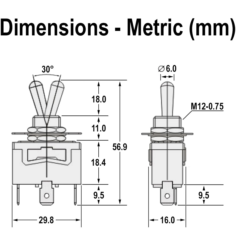 696307 - Heavy Duty ON-OFF-ON Toggle Switch, SPDT, 3 Push-On Terminal, 30A/12VDC, 20A/125VAC, 15A/250VAC