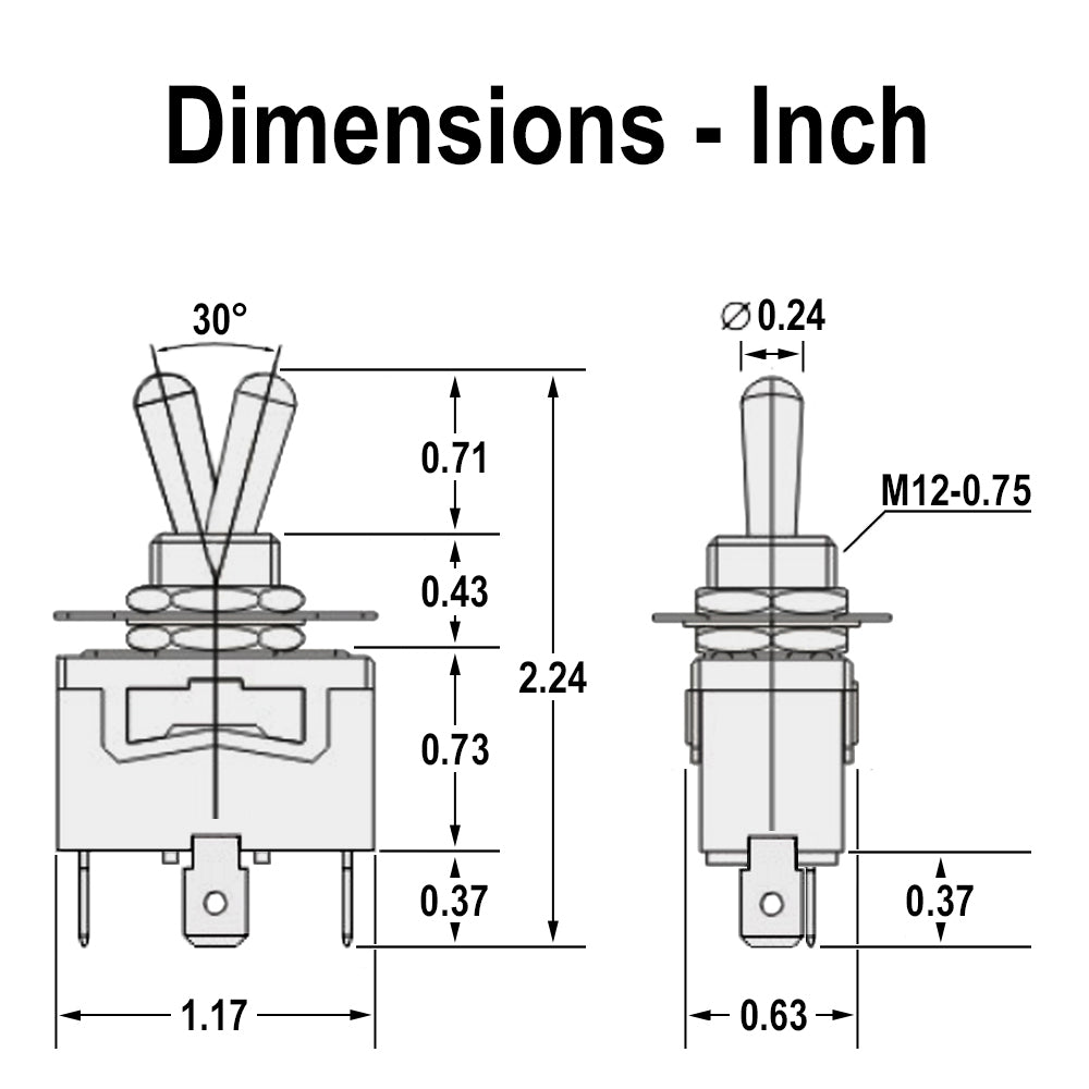 696307 - Heavy Duty ON-OFF-ON Toggle Switch, SPDT, 3 Push-On Terminal, 30A/12VDC, 20A/125VAC, 15A/250VAC