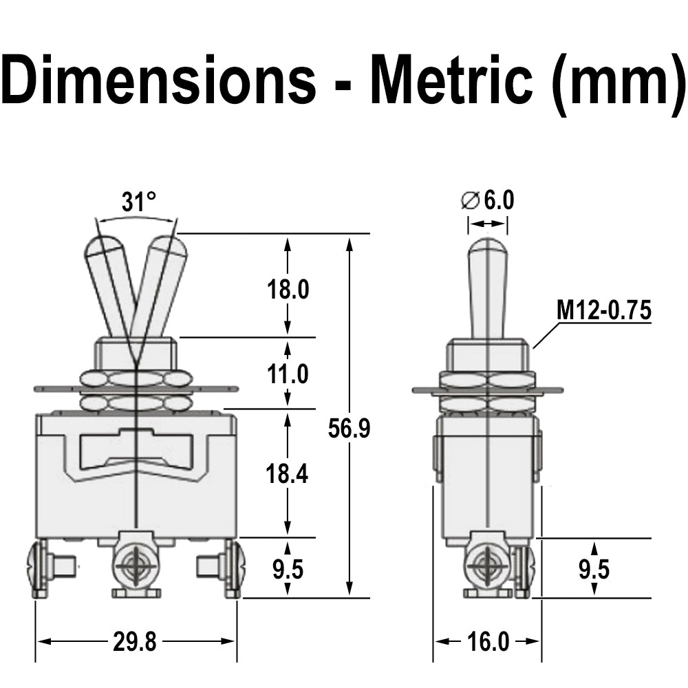 696308 - Heavy Duty ON-OFF-ON Toggle Switch, SPDT, 3 Screw Terminal, 30A/12VDC, 20A/125VAC, 15A/250VAC