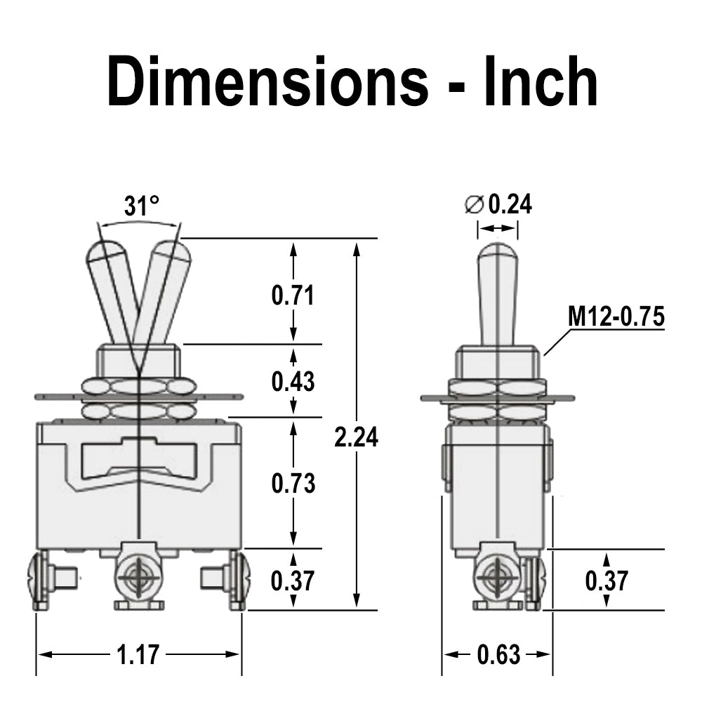 696308 - Heavy Duty ON-OFF-ON Toggle Switch, SPDT, 3 Screw Terminal, 30A/12VDC, 20A/125VAC, 15A/250VAC