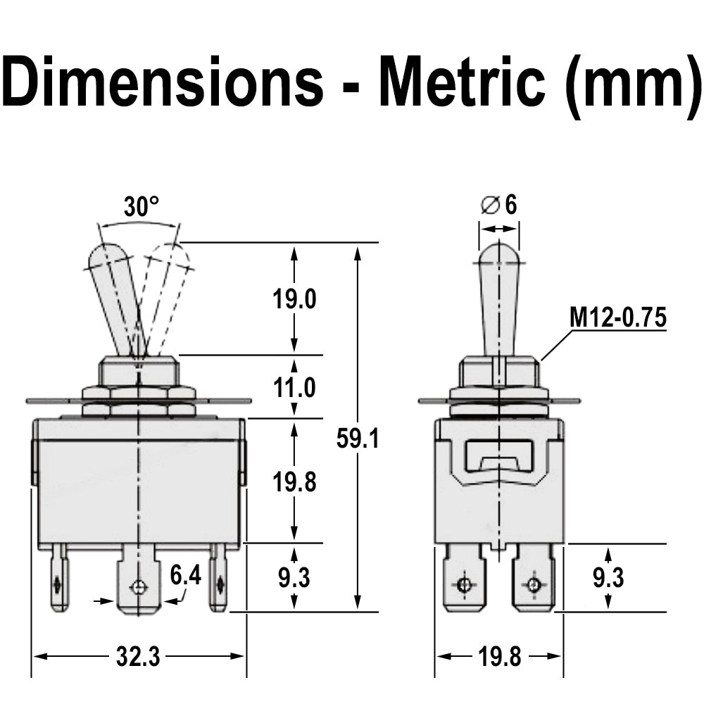 696315 - Heavy Duty ON-(ON) Momentary Toggle Switch, DPDT, 6 Push-On Terminal, 30A/12VDC, 20A/125VAC, 15A/250VAC