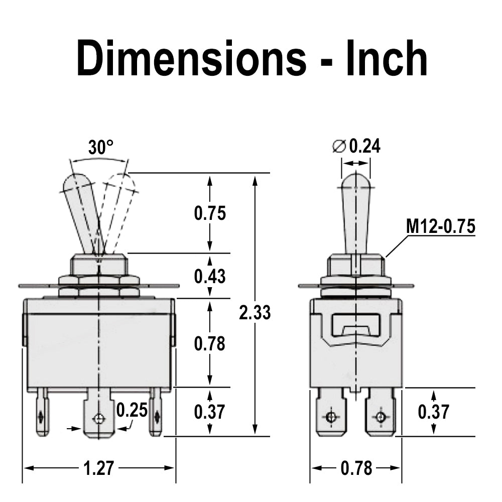 696315 - Heavy Duty ON-(ON) Momentary Toggle Switch, DPDT, 6 Push-On Terminal, 30A/12VDC, 20A/125VAC, 15A/250VAC
