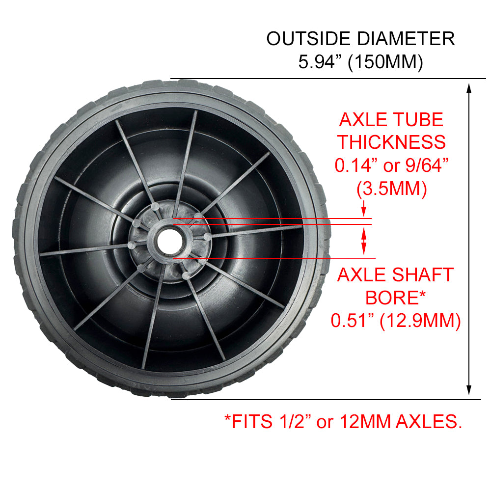 696566 - Wheel, 6" for 1/2" Axle, Black Plastic w/ Diamond Rubber Tread for Battery Chargers