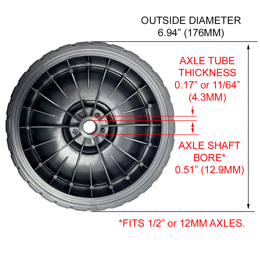 696568 - Wheel, 7" for 1/2" Axle, Black Plastic w/ Diamond Rubber Tread for Battery Chargers