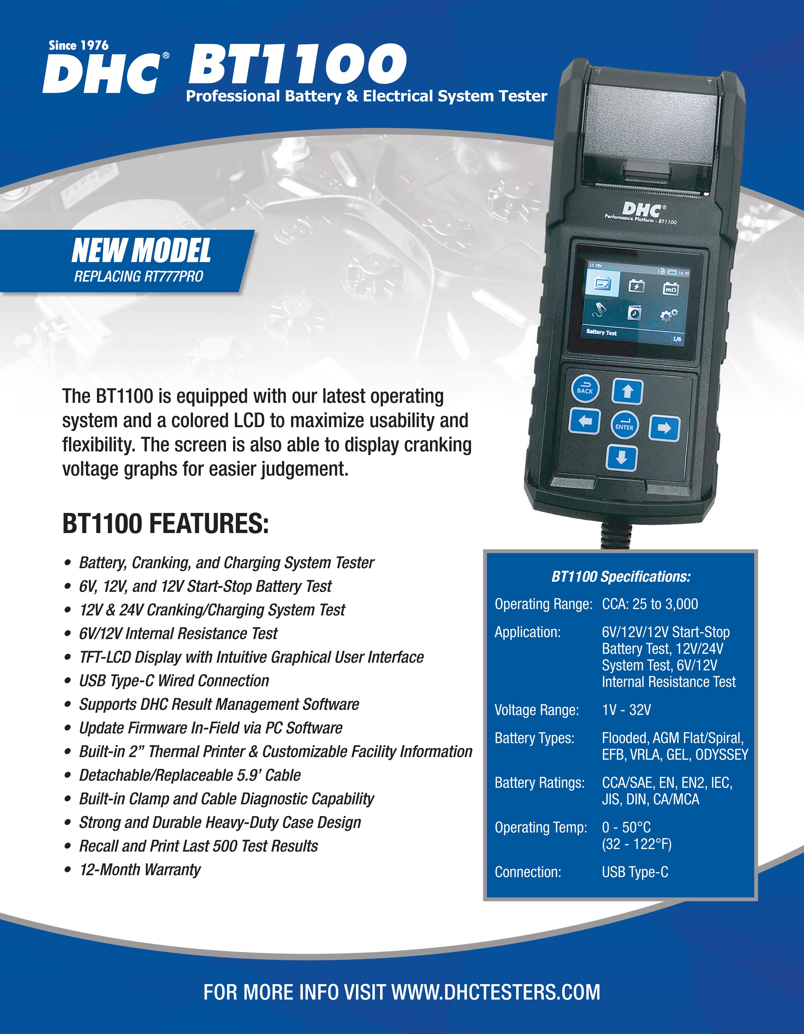 DHC BT1100 - Professional Battery & Electrical System Tester w/ Printer