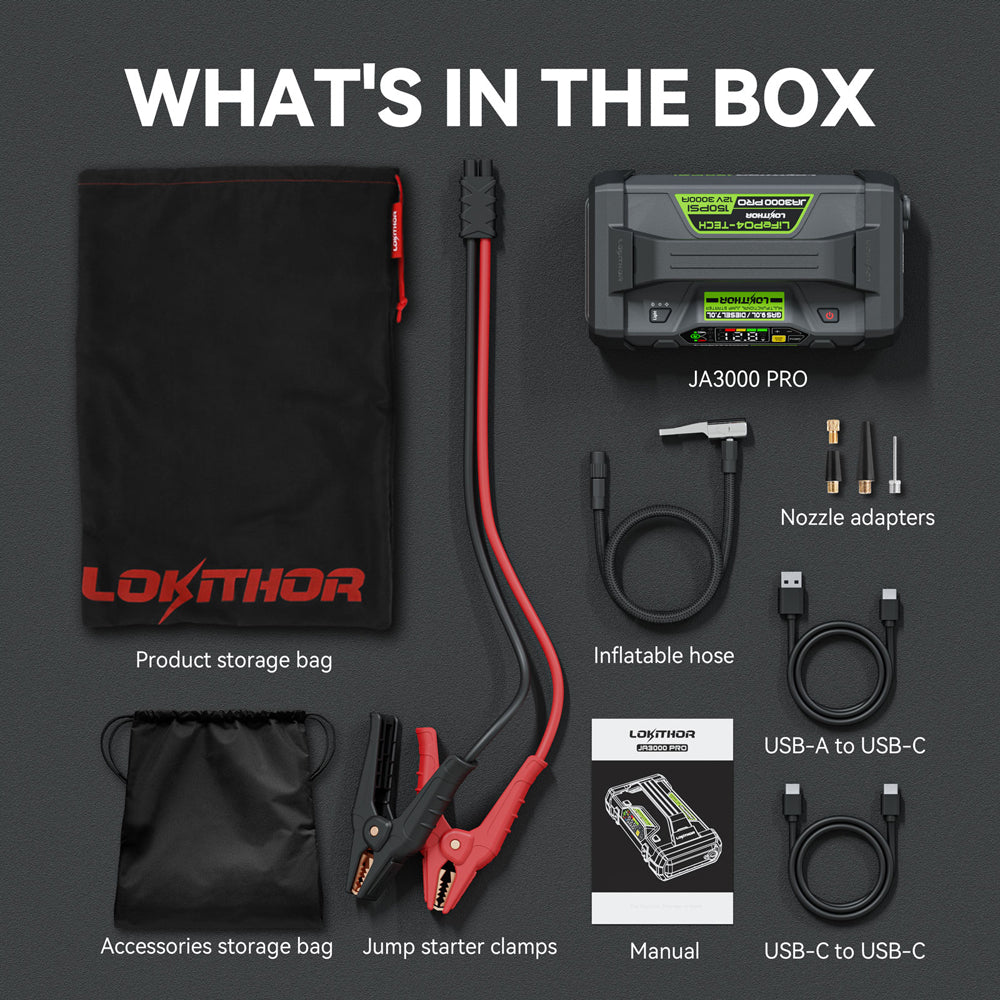 Lokithor JA3000PRO - 12V, 3000A, 46.08Wh, LiFePO4 Jump Starter With 150PSI Air Inflator and ConnectMax Technology