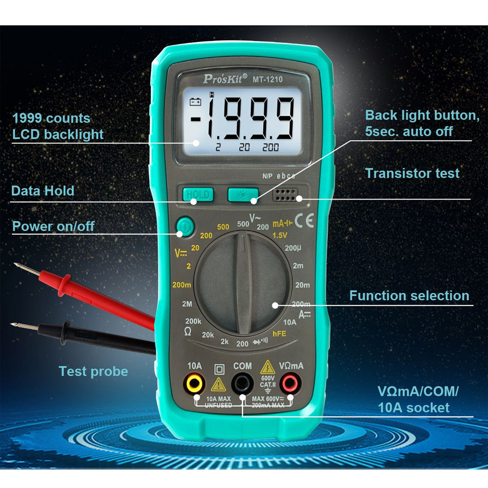 Pro's Kit Compact Digital Multimeter - 3-1/2 Digits 1999 Counts with Continuity, Diode, Transistor, Battery Tests