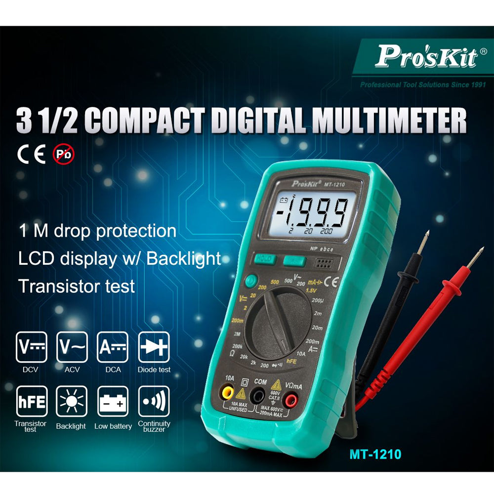Pro's Kit Compact Digital Multimeter - 3-1/2 Digits 1999 Counts with Continuity, Diode, Transistor, Battery Tests
