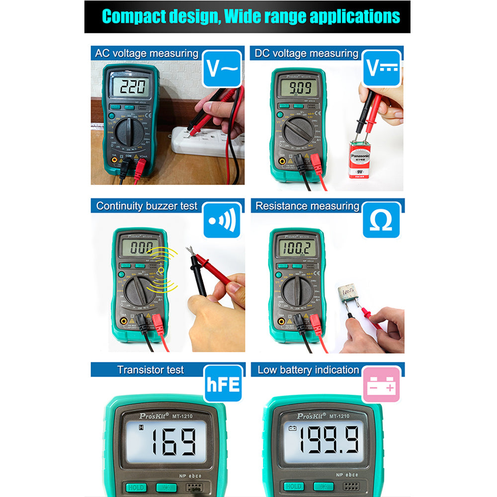 Pro's Kit Compact Digital Multimeter - 3-1/2 Digits 1999 Counts with Continuity, Diode, Transistor, Battery Tests