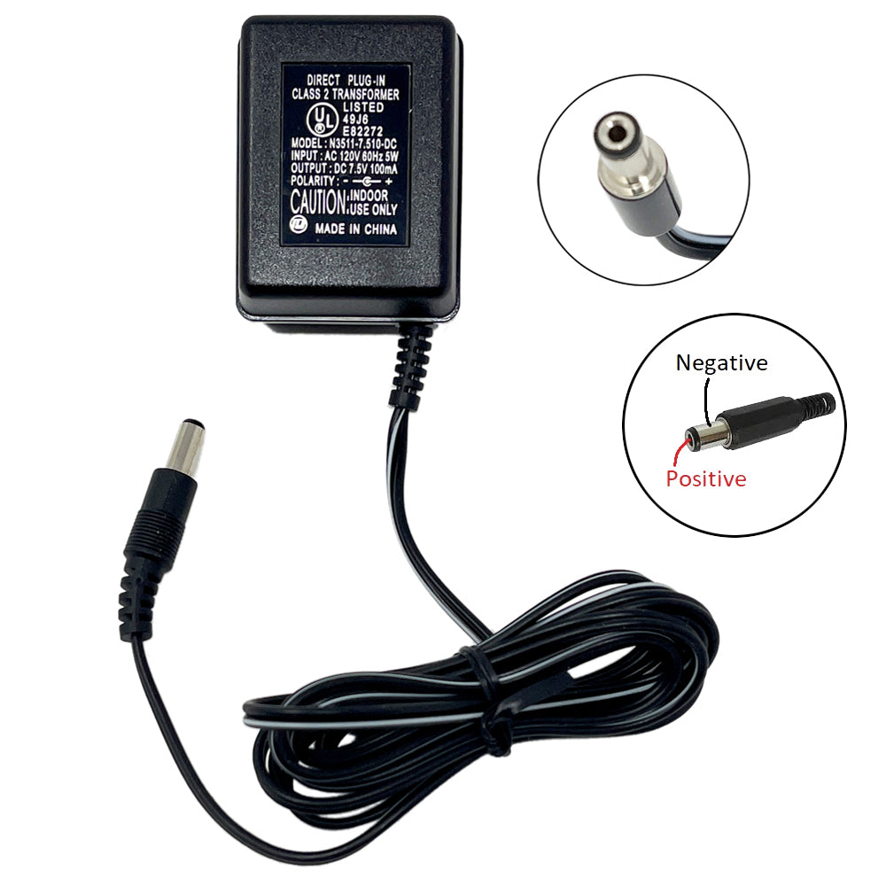 N3511-7.510-DC - Plug-In Charger 7.5V, 100mA Unregulated, Single Stage w/ Barrel Connector