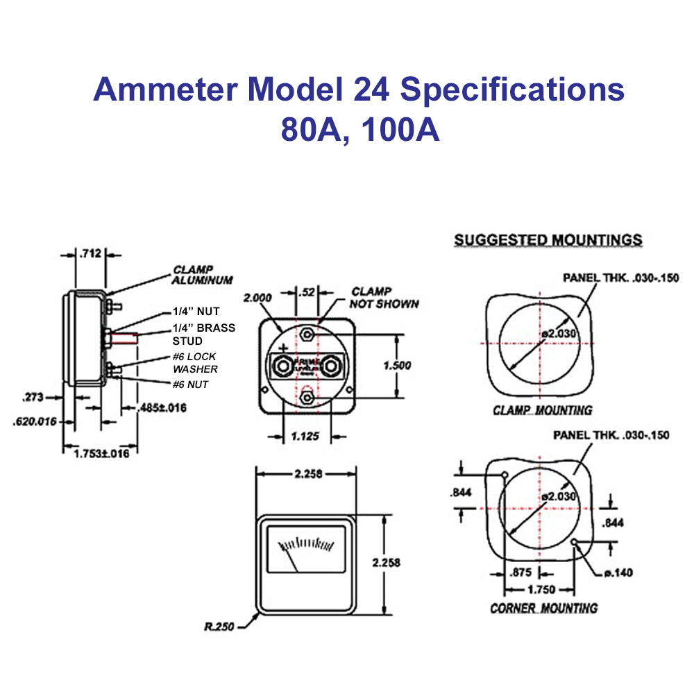 PR24-100 - Amp Meter 0-100A Metal Face Clamp-Mount Heavy-Duty for Battery Chargers