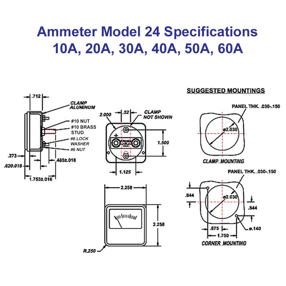 PR24-40B - Amp Meter 0-40A w/Boost Metal Face Clamp-Mount Heavy-Duty for Battery Chargers