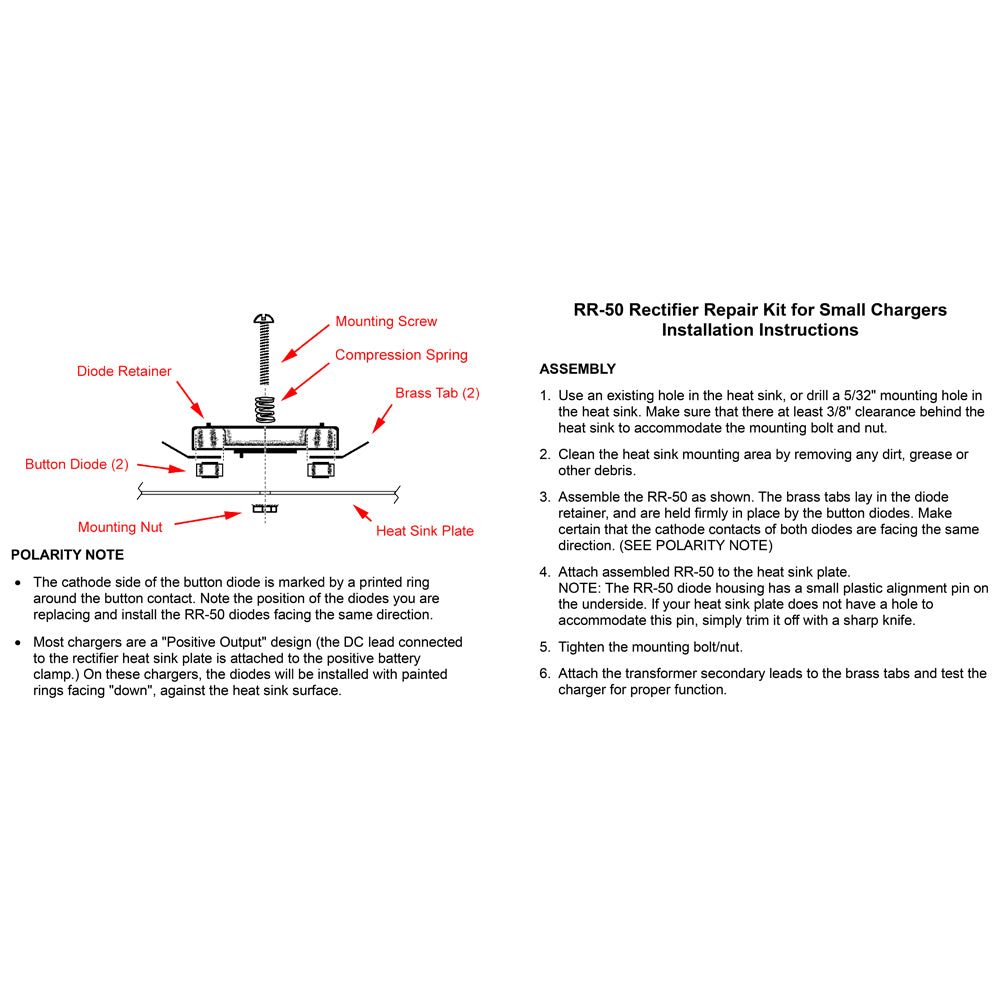 RR-50 Rectifier Repair Kit for Small Chargers with 2 - 50A Diodes