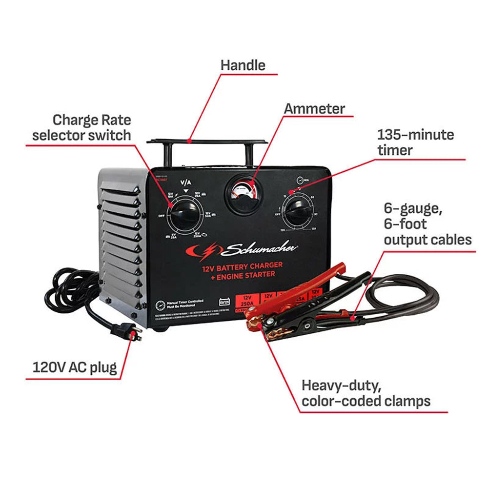 Schumacher SC1667 - 6/12V 25/50A 250A Boost Timer-Controlled Portable Battery Charger/Engine Starter