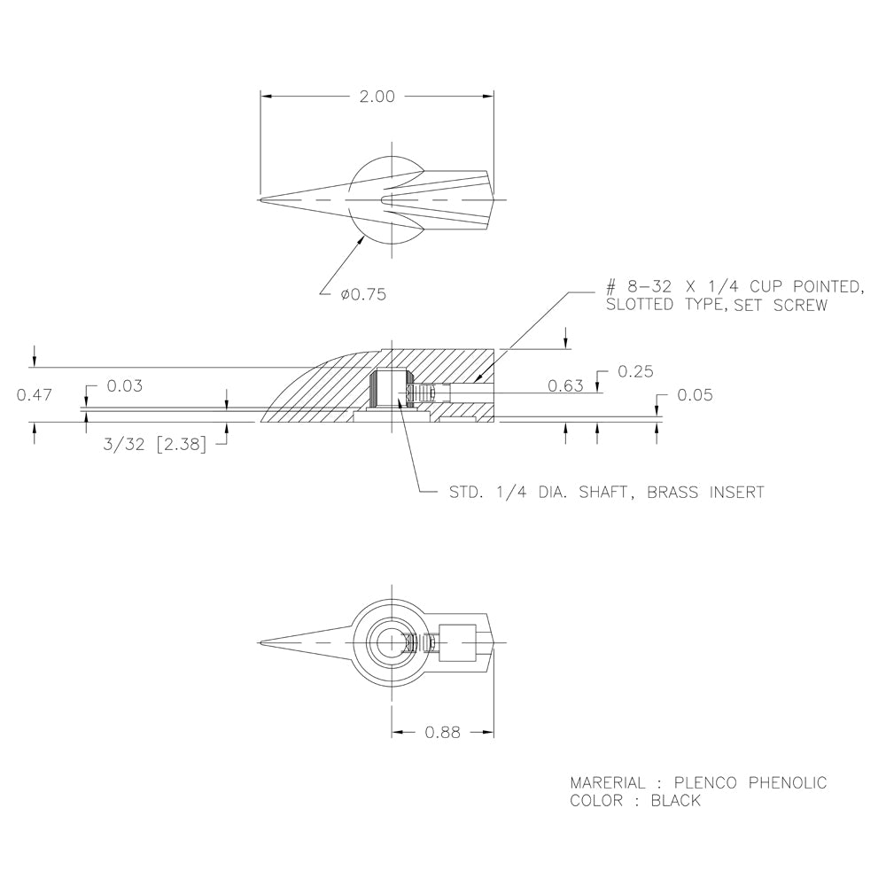 696551 - Knob, 2" Pointer w/ Set Screw fits 1/4" Shaft - Direct Replacement for Associated 610930