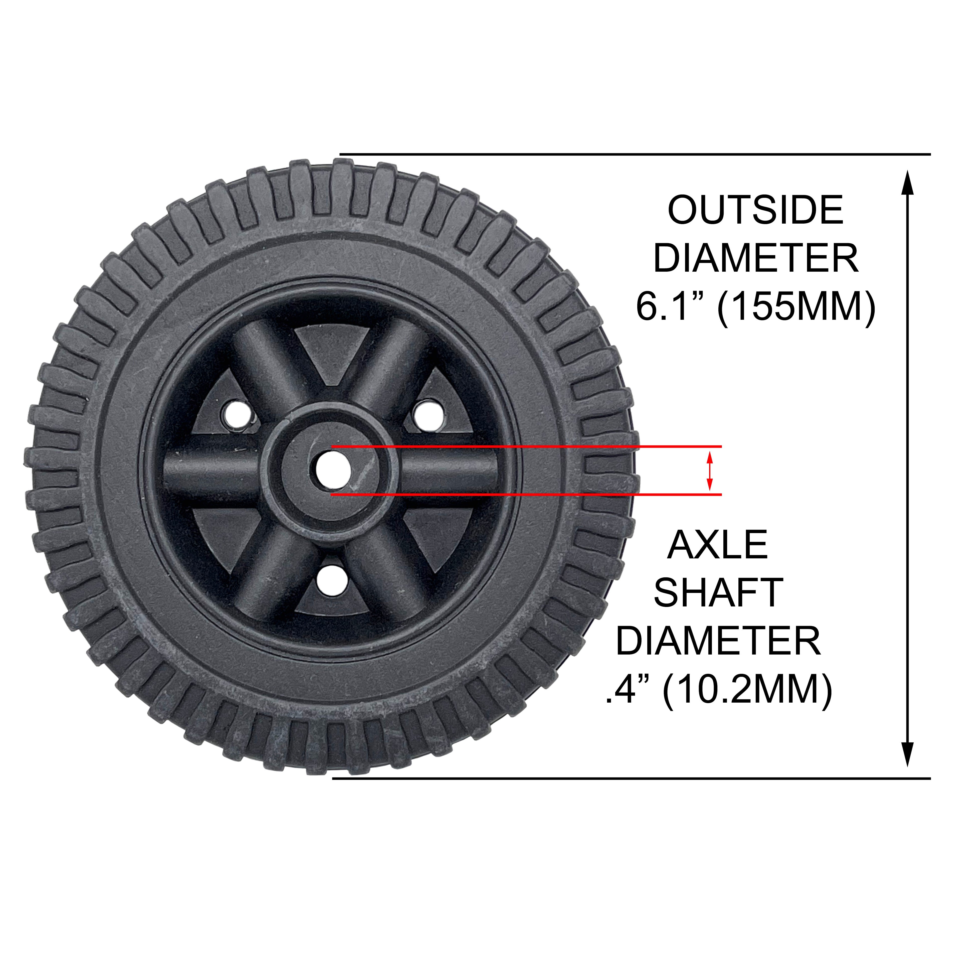 696560 - Wheel, 6" Black Hollow Plastic for Battery Chargers, fits 3/8" axle shaft