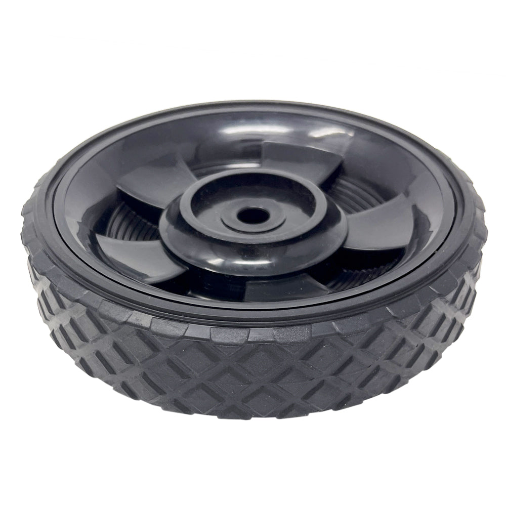696562 - Wheel, 6" Black Plastic w/ Diamond Rubber Tread for Battery Chargers, fits 3/8" axle shaft