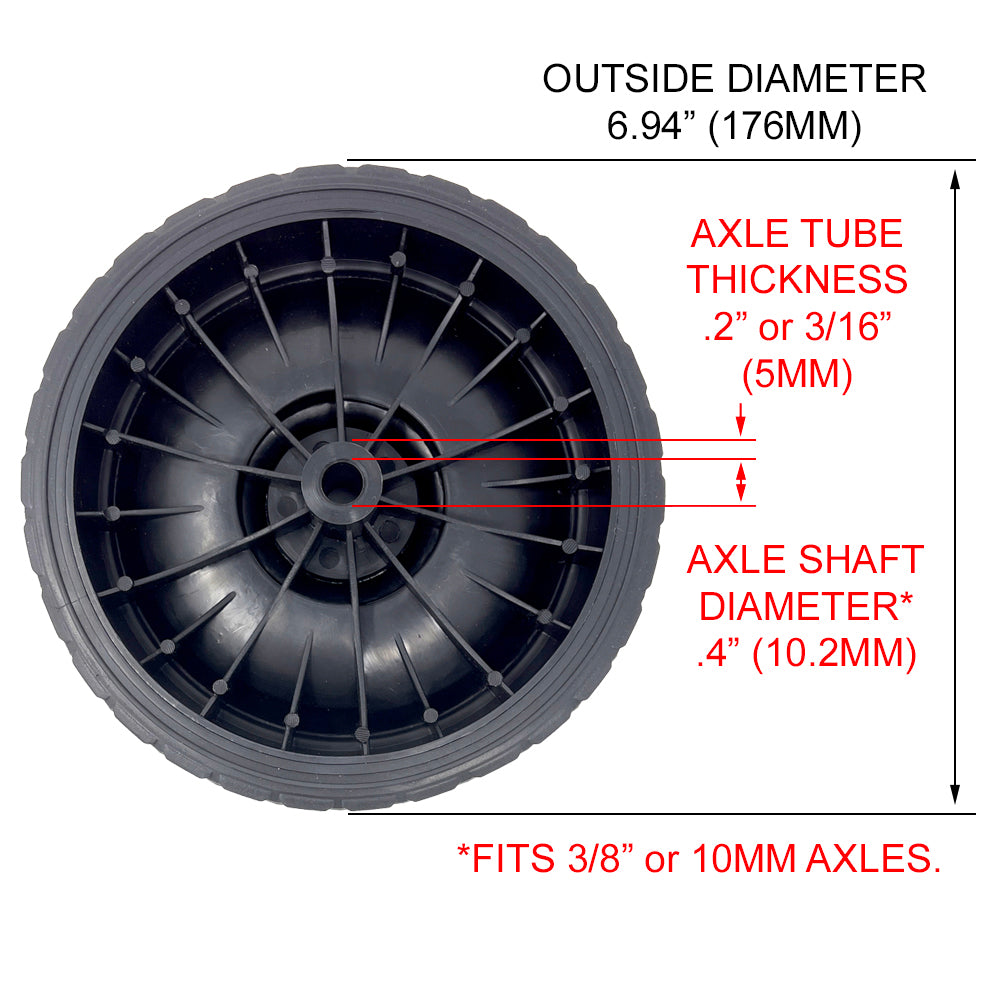 696565 - 2 Wheel Kit - 7" for 3/8" Axle, Black Plastic Wheels w/ Rubber Tread, includes Axle Caps