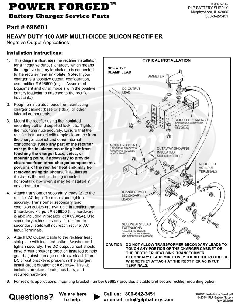 696601 - Power Forged 100 Amp Heavy-Duty Rectifier, Negative Base Replacement for Century, Solar and other "Negative Base" chargers
