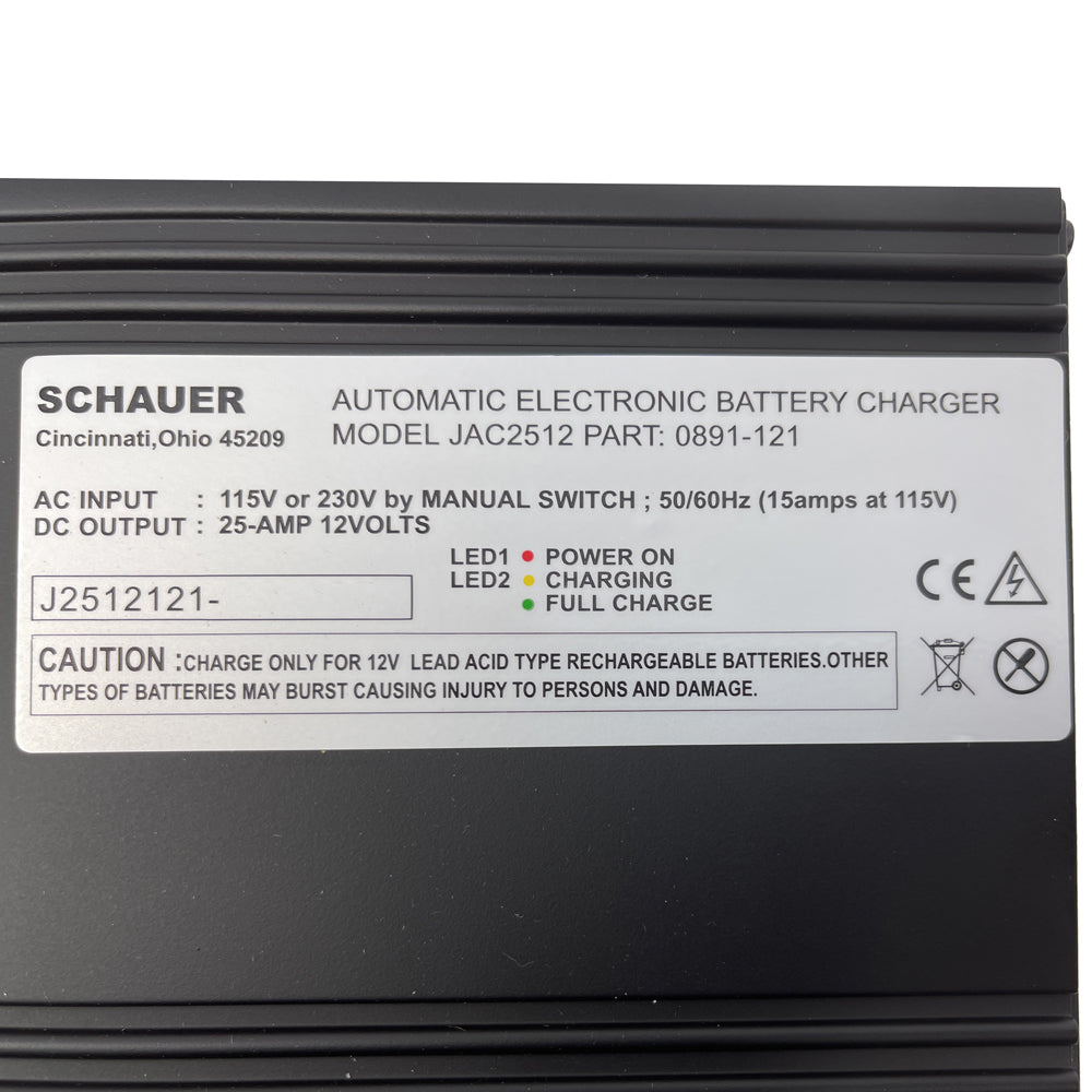 JAC2512 - Schauer 12V, 25A Fully Automatic Electronic Charger/Maintainer - 120/240VAC Input - Includes Choice of DC Connector