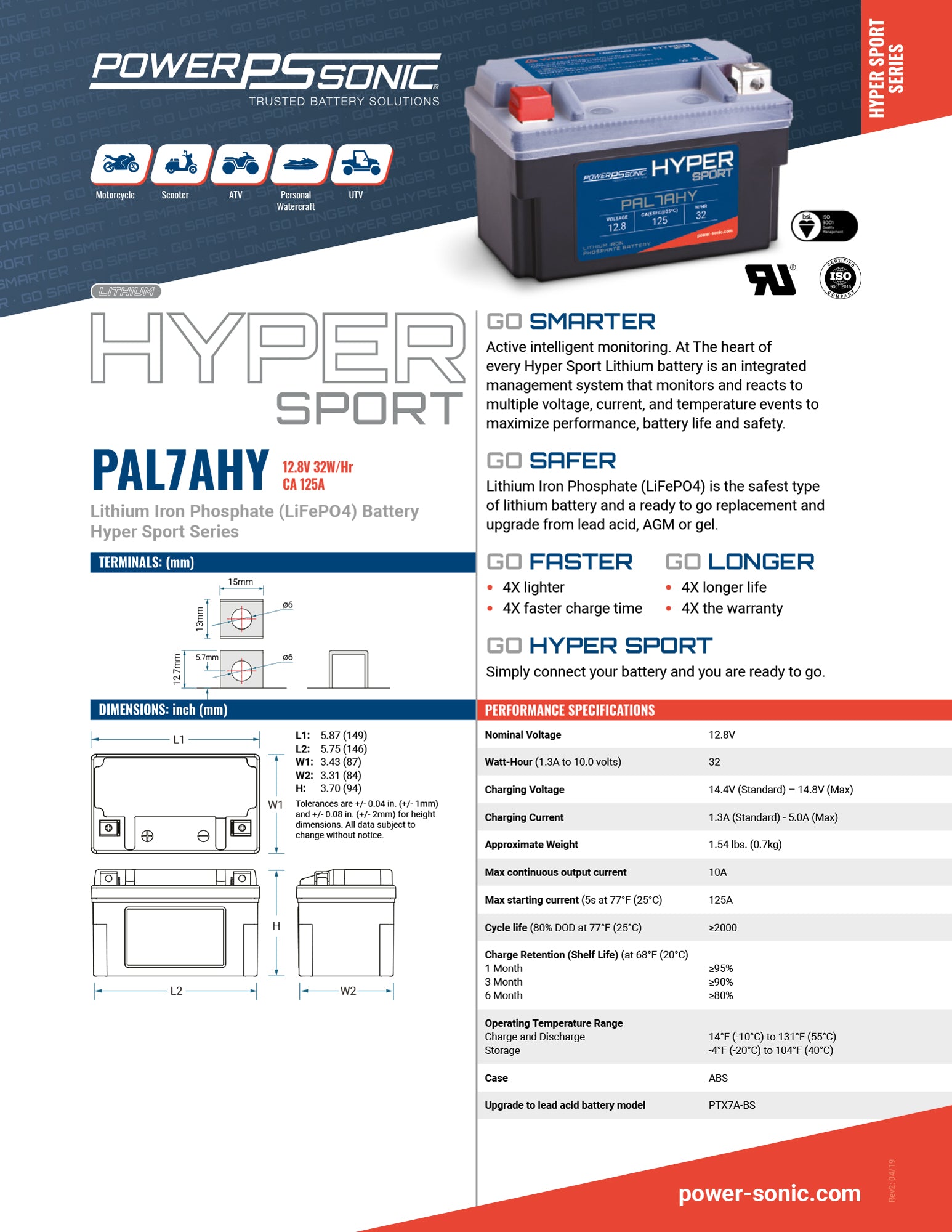 PowerSonic Hyper Sport LiFePO4 Battery PAL7AHY - 12.8V 125CA 4Ah-8Ah  Replaces 12N7-3B  12N7D-3B