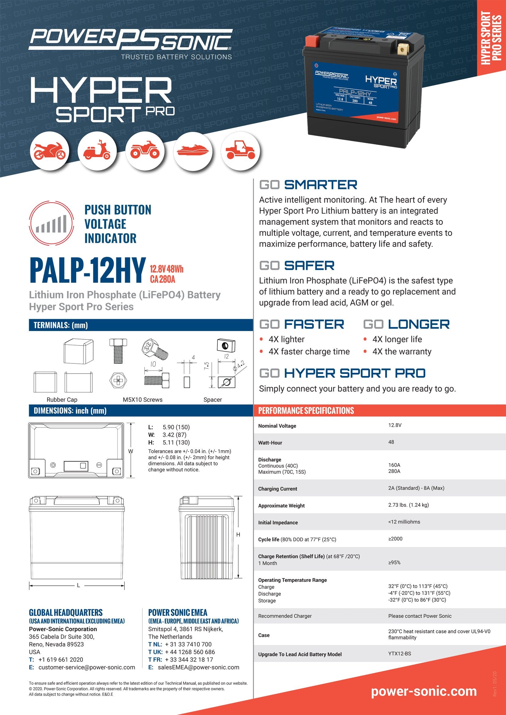 PALP-12HY Hyper Sport Pro 12.8V, 280A LiFePO4 PowerSport Battery