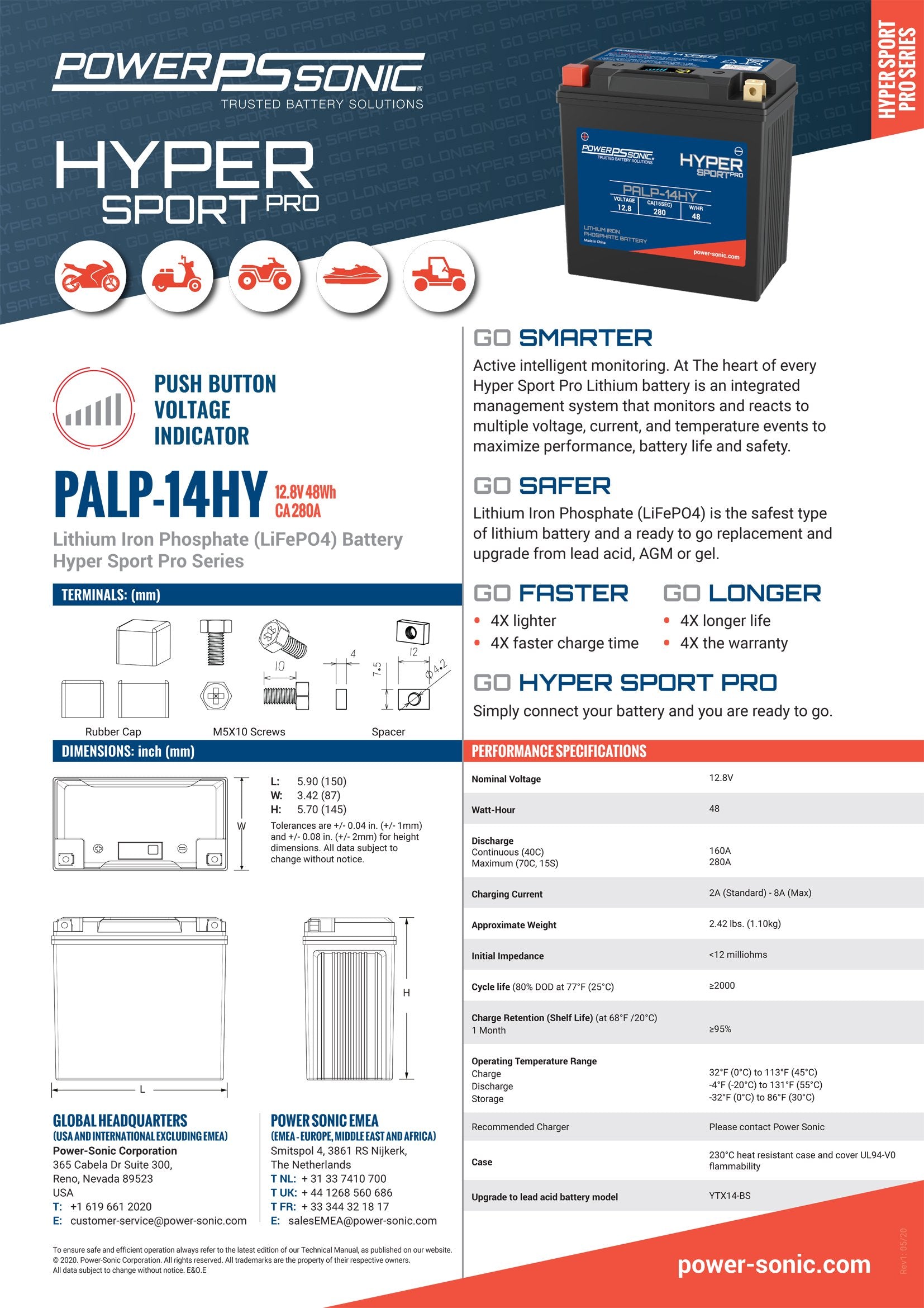 PALP-14HY Hyper Sport Pro 12.8V, 280A LiFePO4 PowerSport Battery