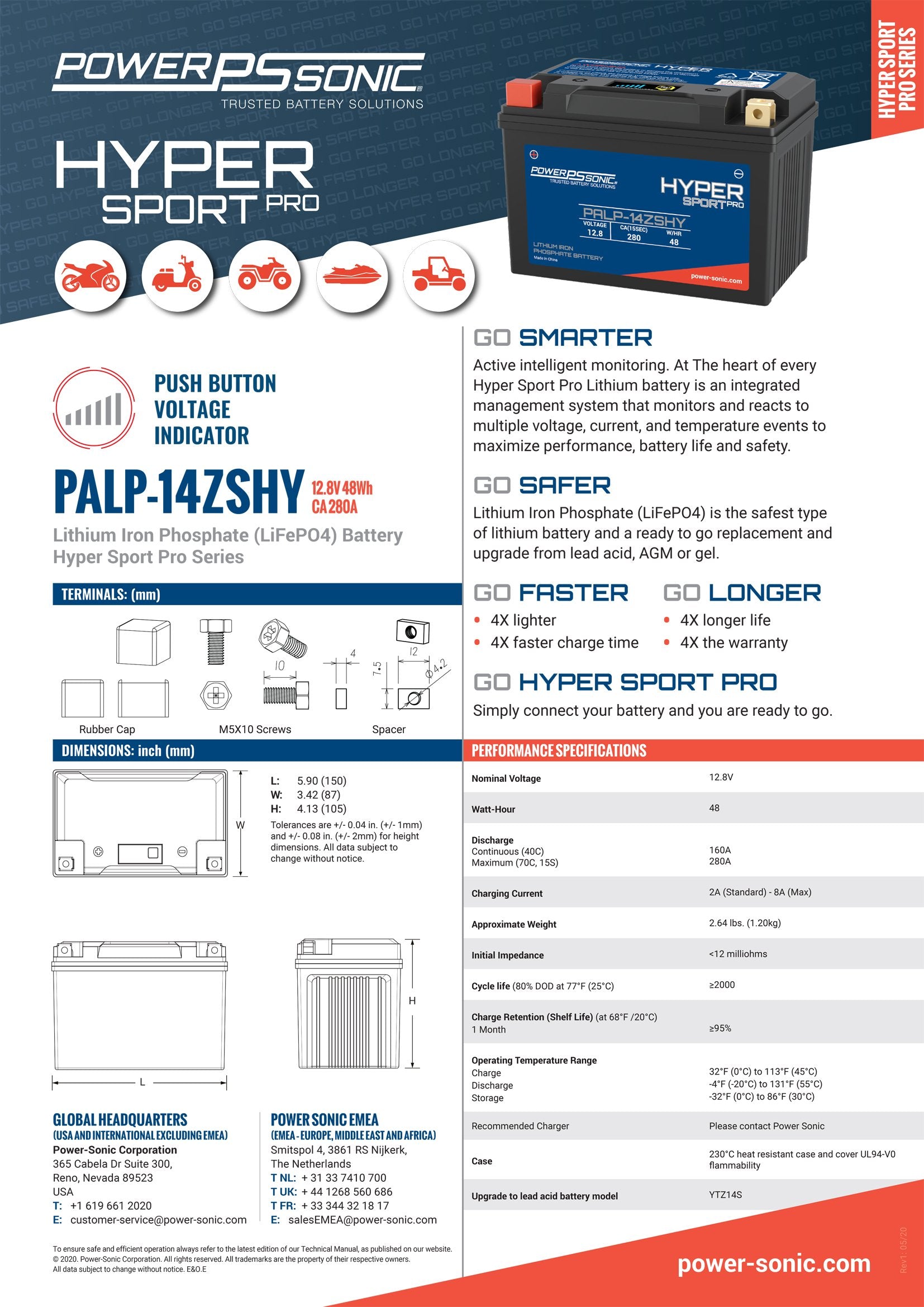 PALP-14ZSHY Hyper Sport Pro 12.8V, 280A LiFePO4 PowerSport Battery