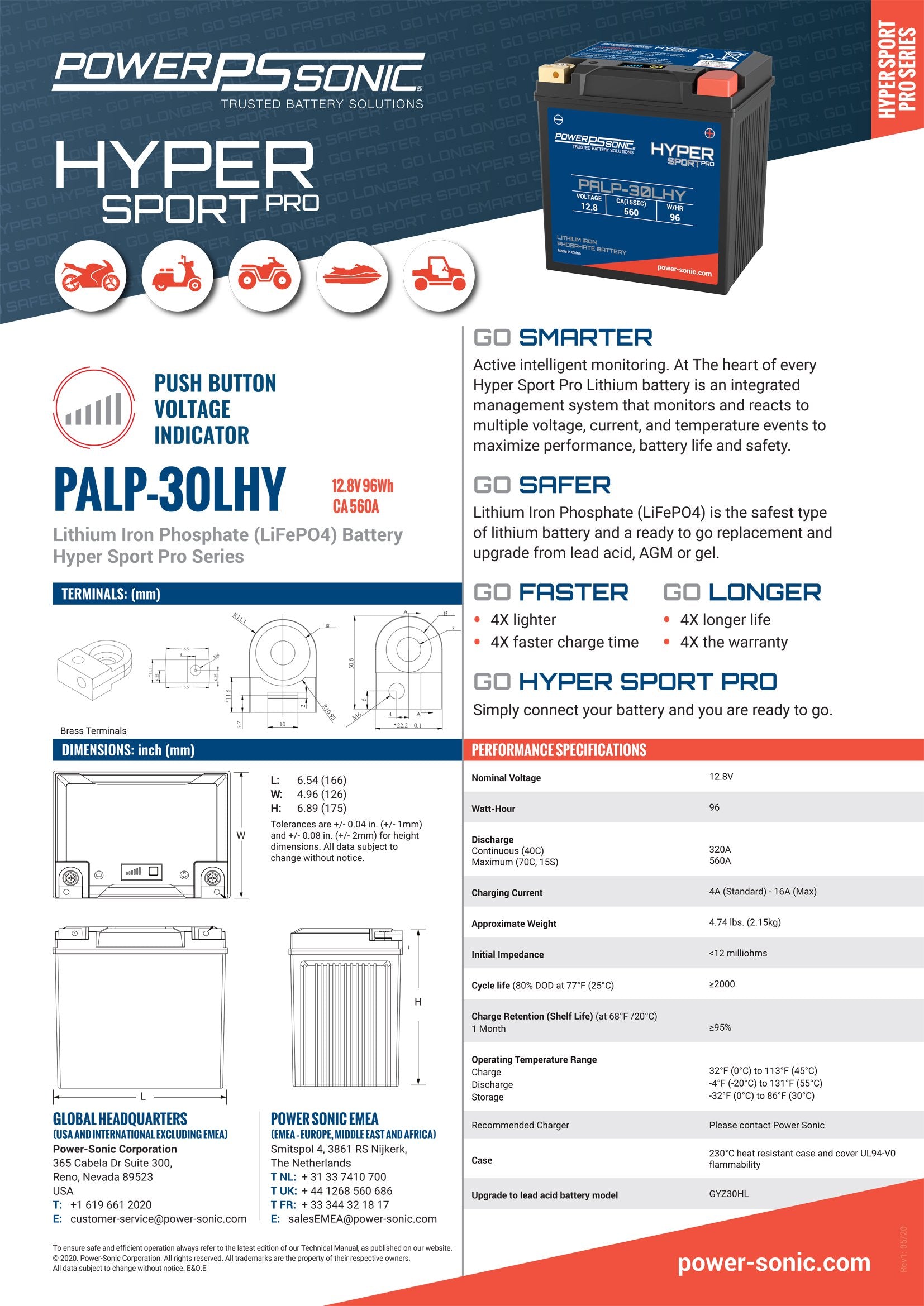 PALP-30LHY-H Hyper Sport Pro 12.8V, 560A LiFePO4 PowerSport Battery
