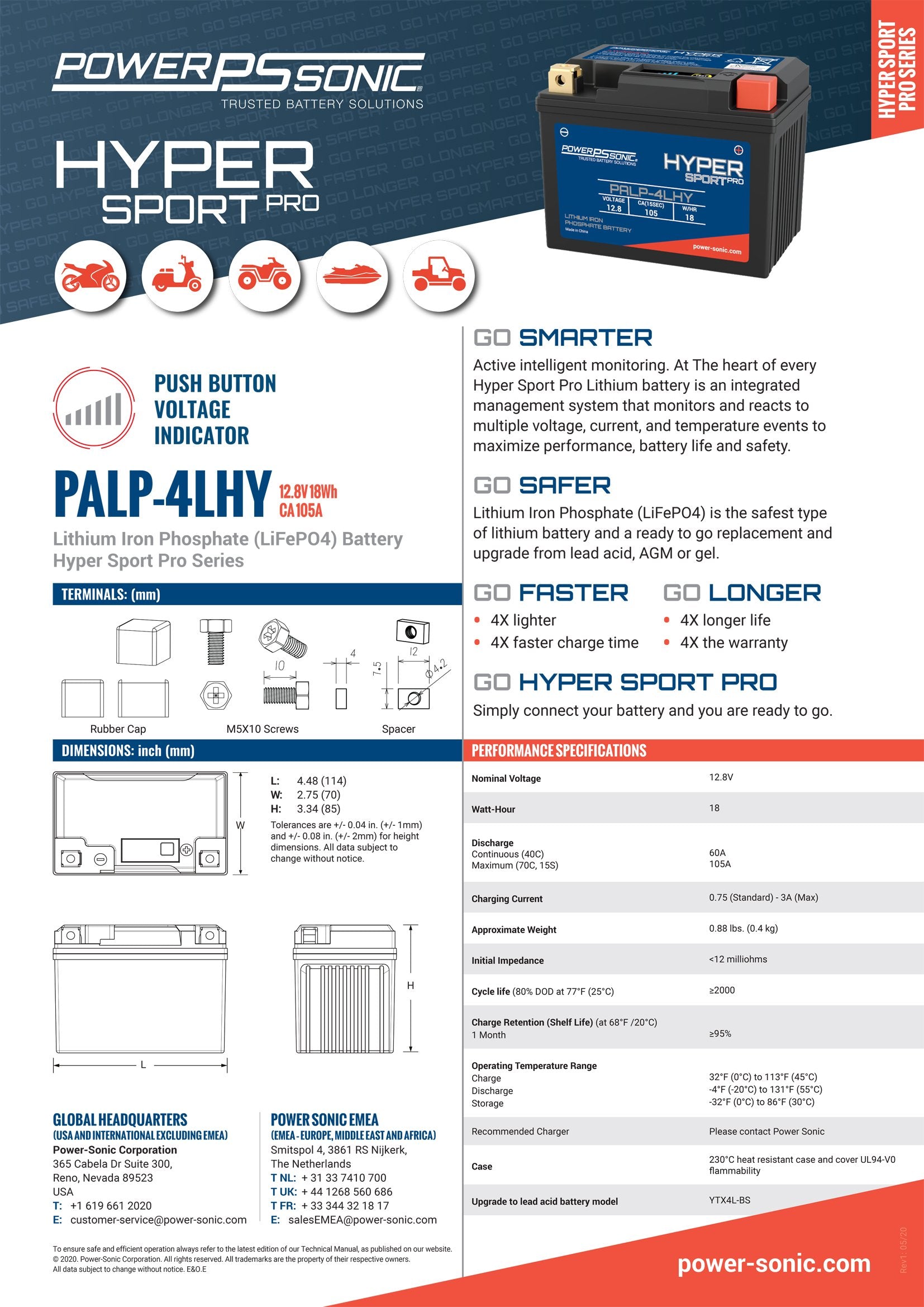 PALP-4LHY Hyper Sport Pro 12.8V, 105A LiFePO4 PowerSport Battery