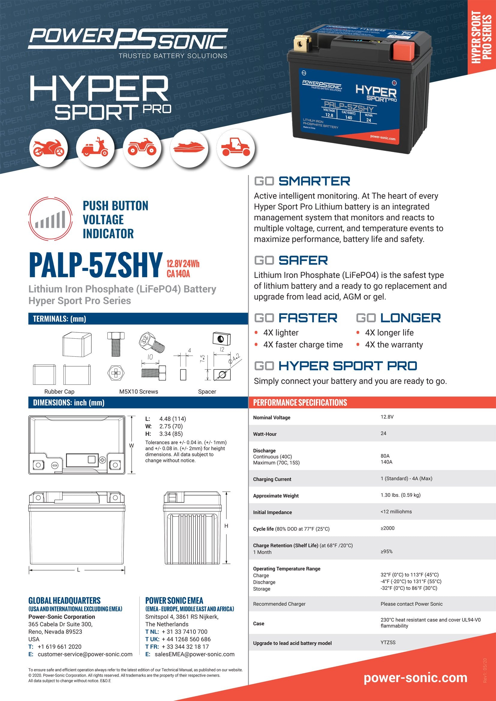 PALP-5ZSHY Hyper Sport Pro 12.8V, 140A LiFePO4 PowerSport Battery